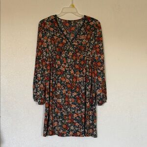 SHEIN Green Floral V-Neck Long Sleeve Dress